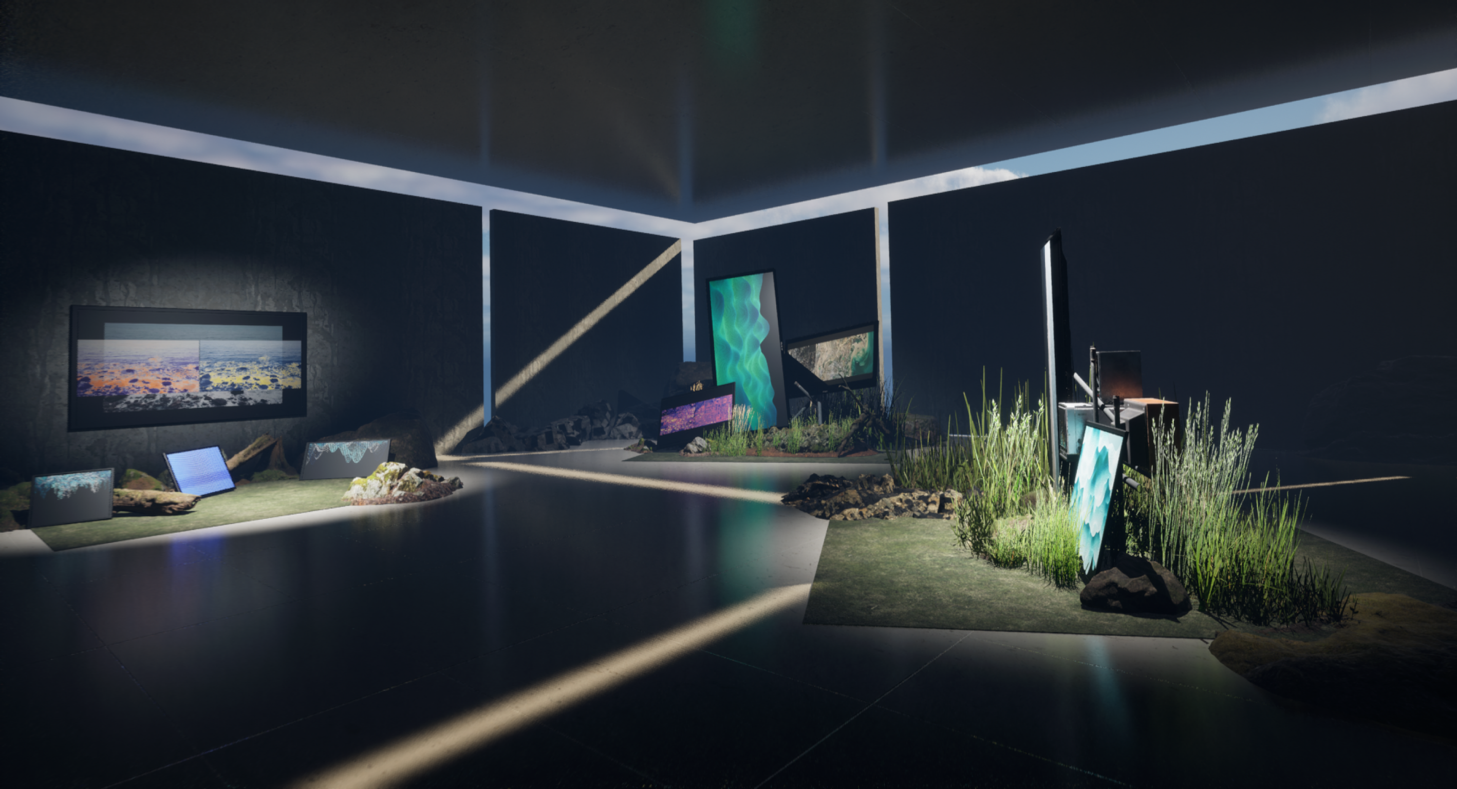 Immersive installation combining screens, vegetation and light